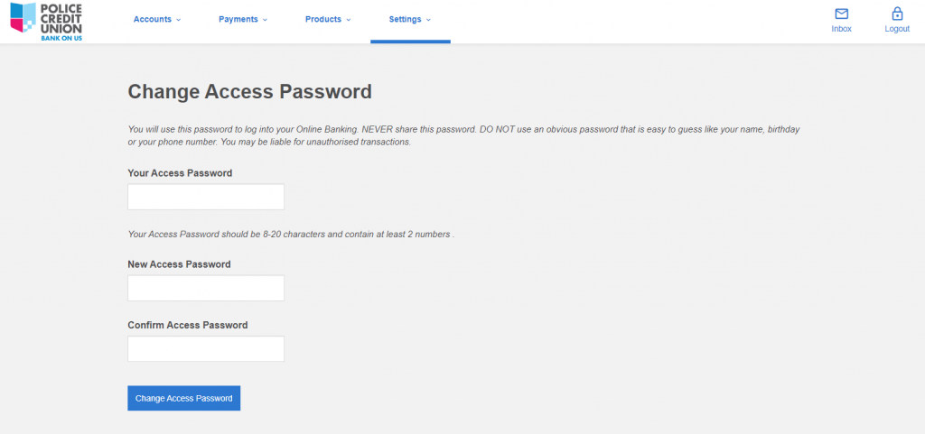 Change Access Password page in Police Credit Union's Online Banking.