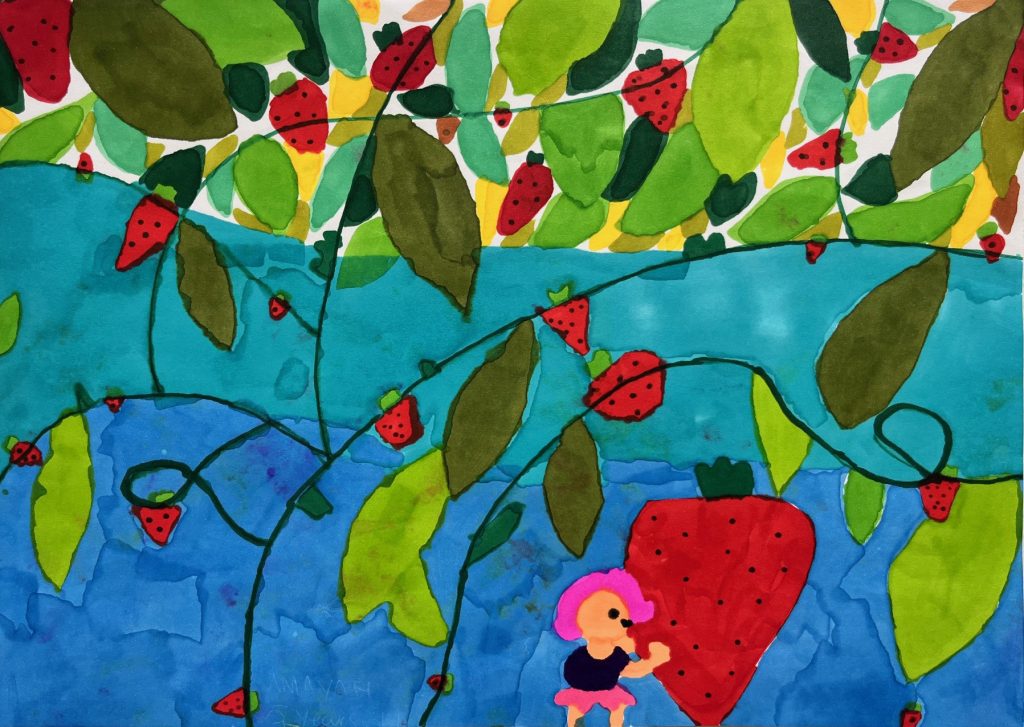 Winning Kids Art Competition artwork: Amayah's artwork of strawberry picking.