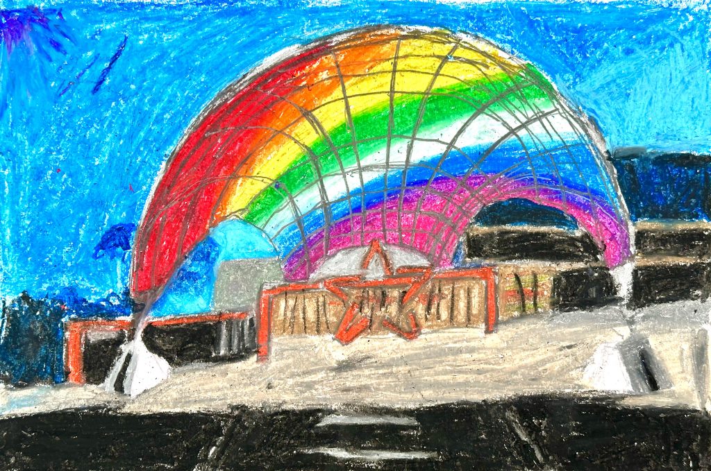 Winning Kids Art Competition artwork: Claire's artwork of the Adelaide Entertainment Centre.