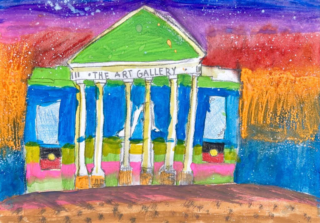 Winning Kids Art Competition artwork: Kris' artwork of the Art Gallery during Illuminate Adelaide.