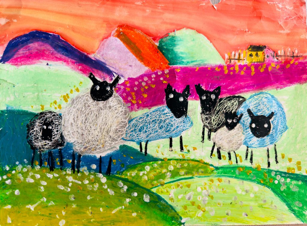 Winning Kids Art Competition artwork: Rusheli's artwork of sheep that live on a farm property.