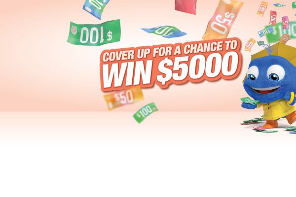 Win $5k Insurance Competition, Poccu in rain jacket raining money